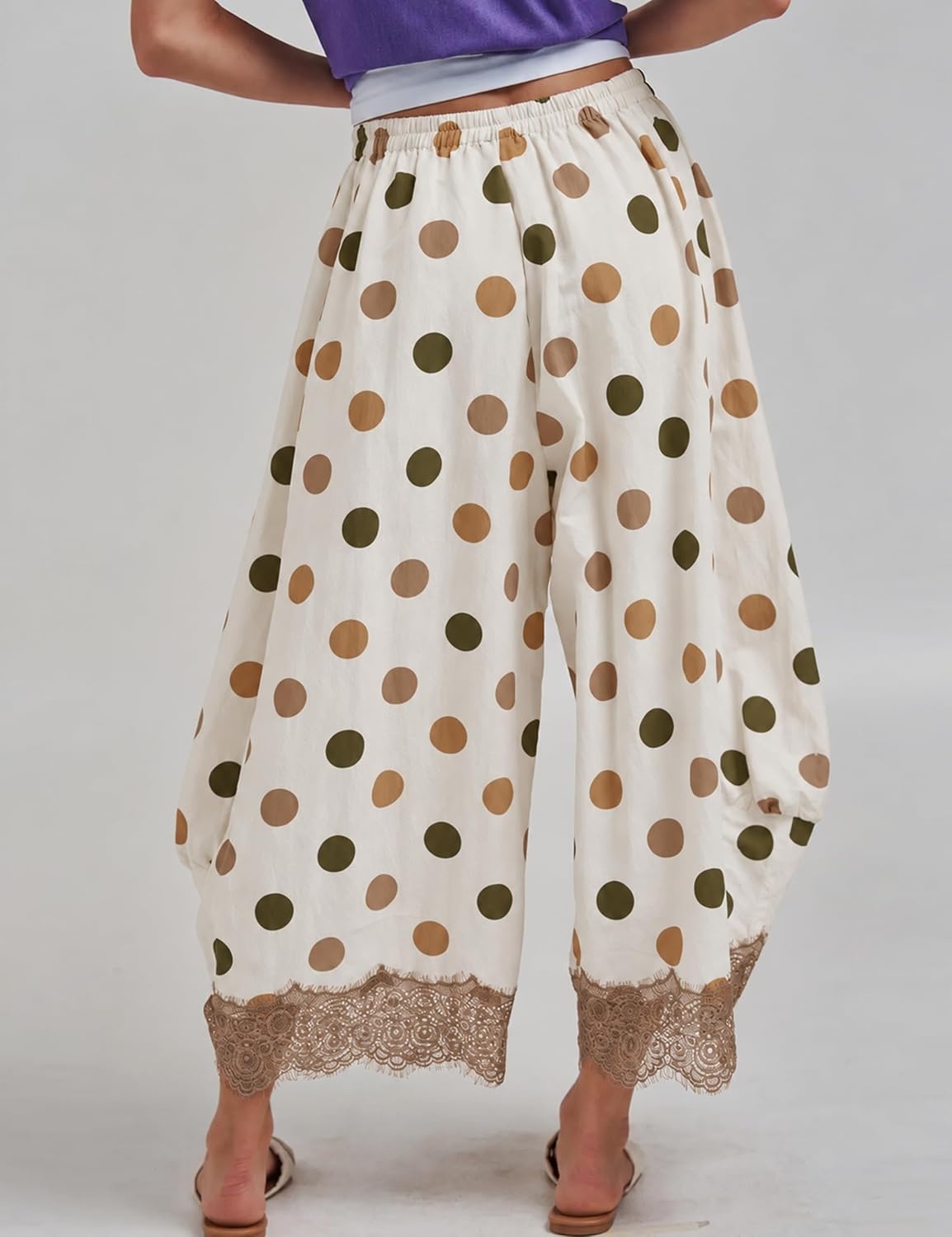 image:imageSpringrain Womens Polka Dot Drawstring Wide Leg PantsKhaki