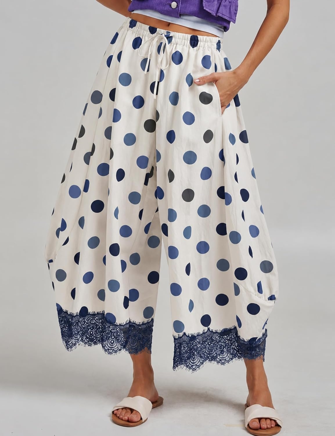 image:imageSpringrain Womens Polka Dot Drawstring Wide Leg PantsNavy
