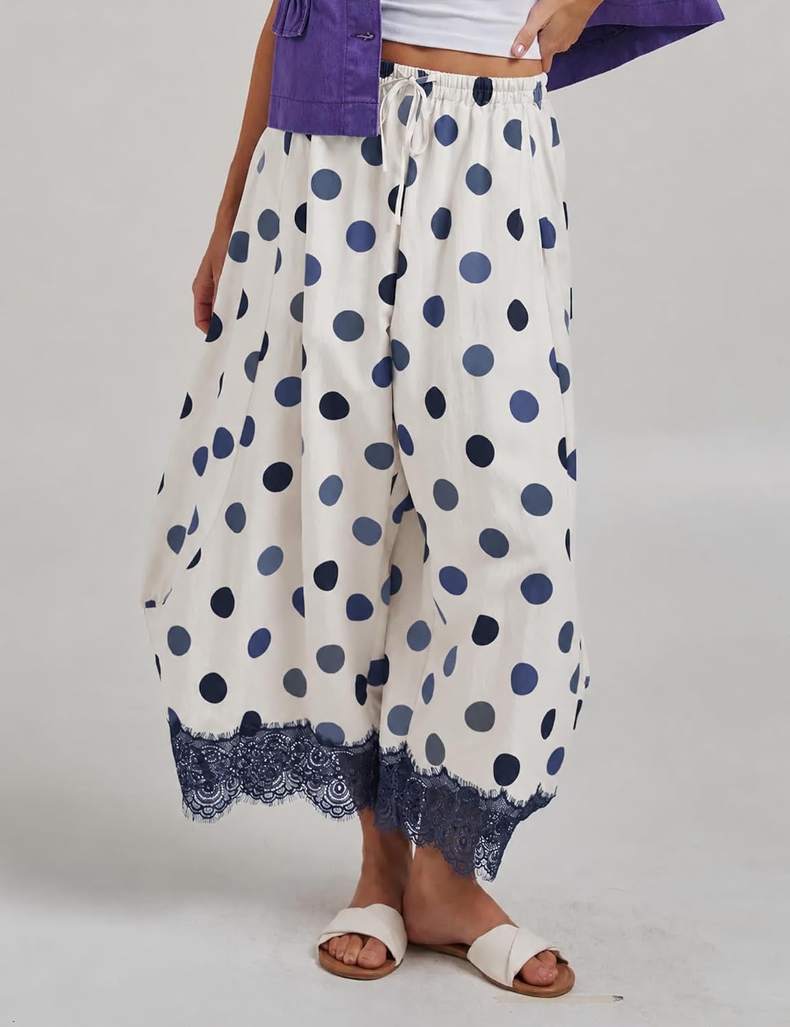 image:imageSpringrain Womens Polka Dot Drawstring Wide Leg PantsNavy