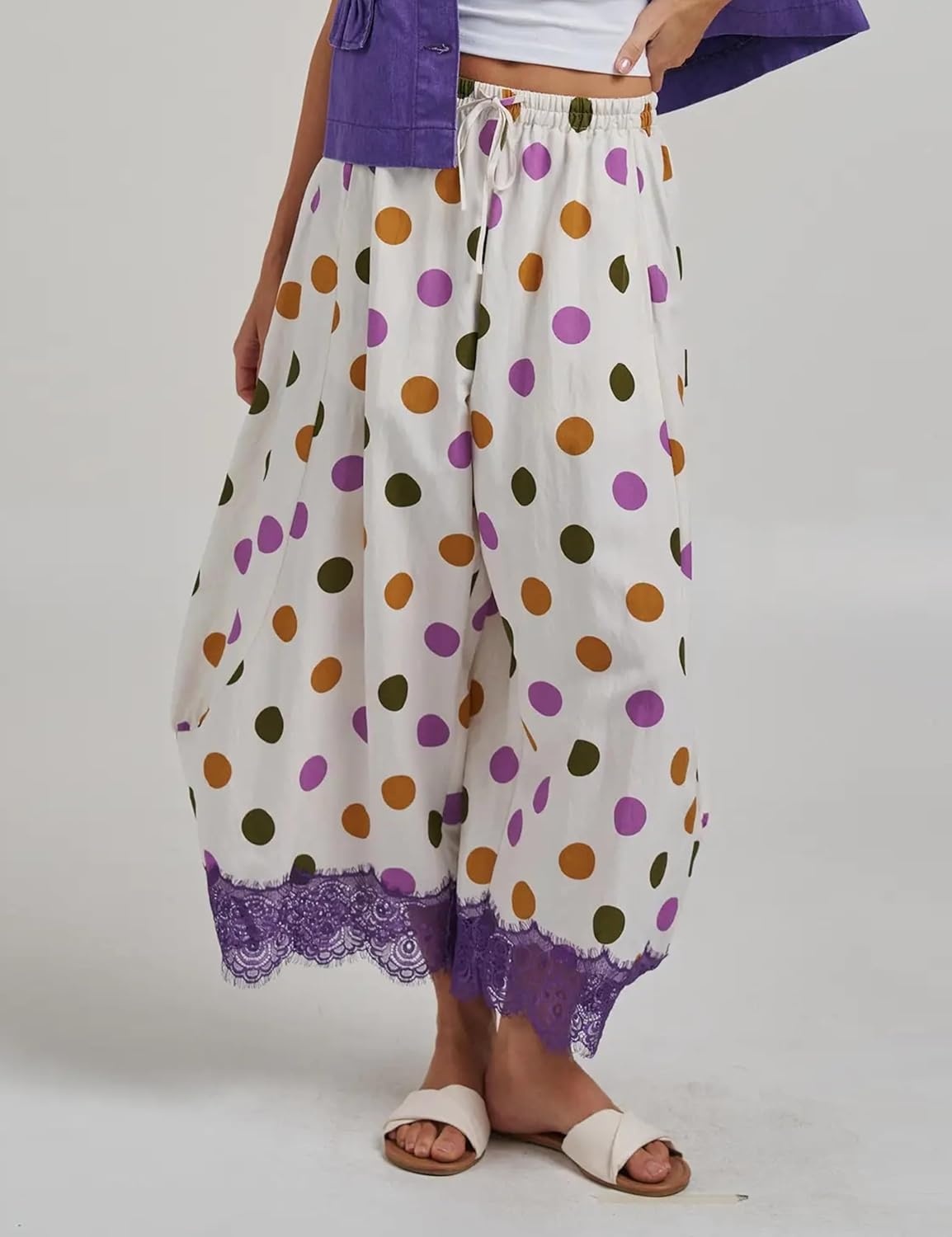 image:imageSpringrain Womens Polka Dot Drawstring Wide Leg PantsPurple
