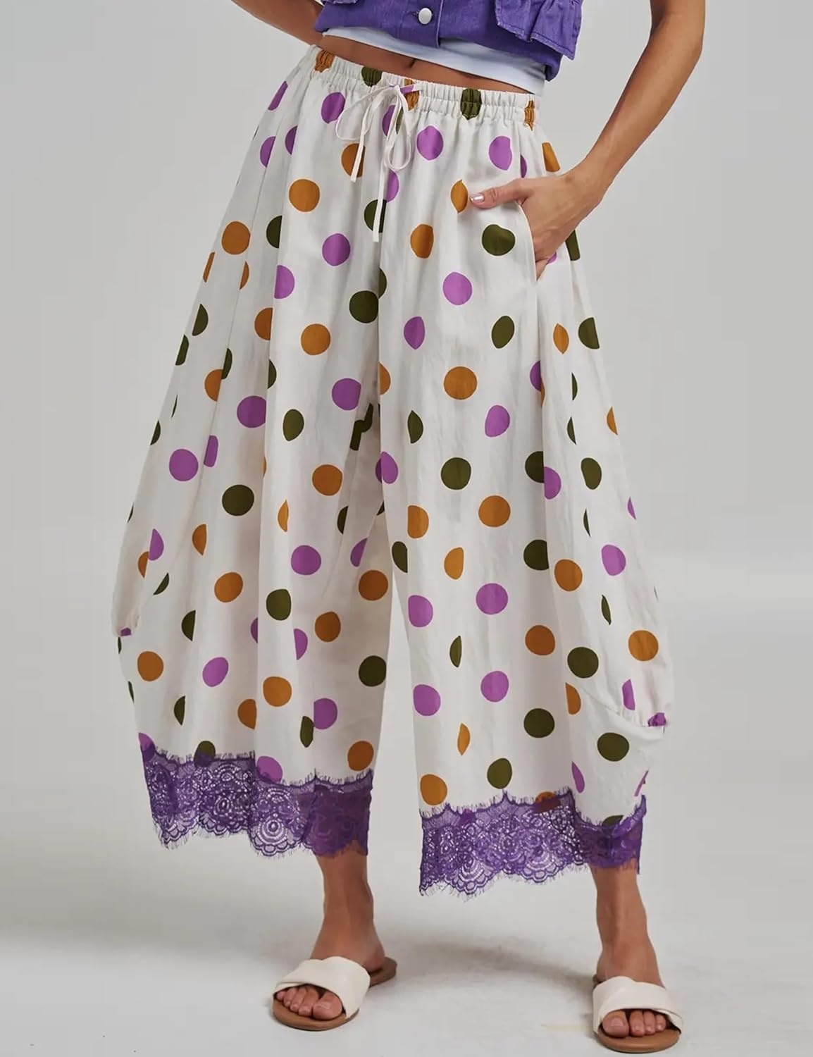 image:imageSpringrain Womens Polka Dot Drawstring Wide Leg PantsPurple