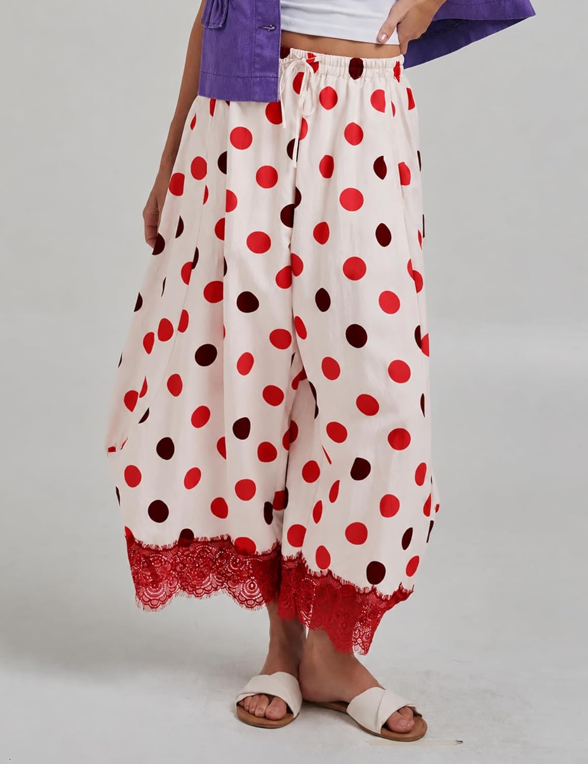 image:imageSpringrain Womens Polka Dot Drawstring Wide Leg PantsRed