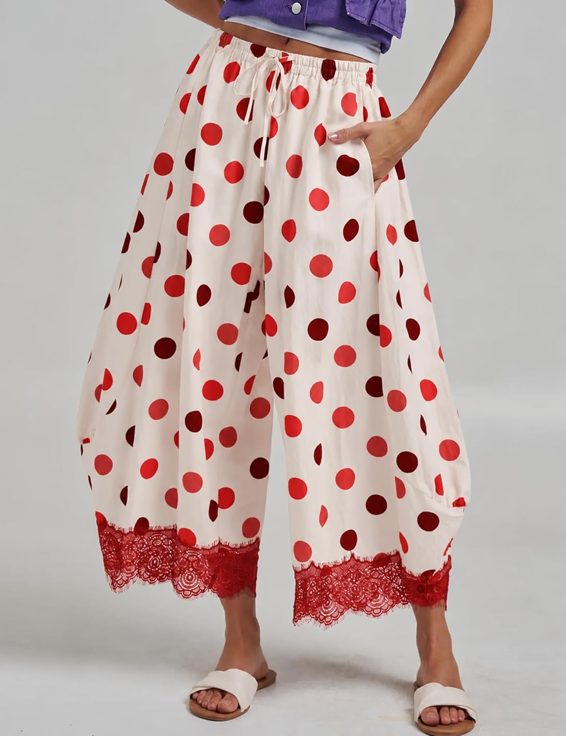 image:imageSpringrain Womens Polka Dot Drawstring Wide Leg PantsRed