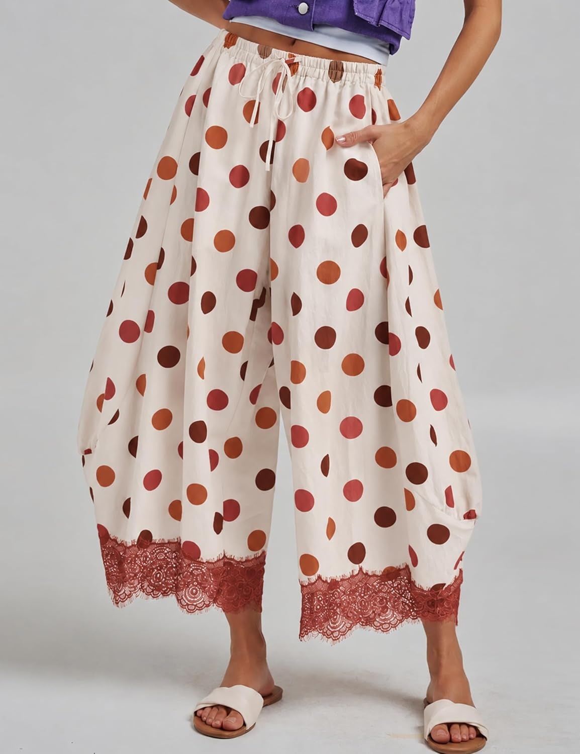 image:imageSpringrain Womens Polka Dot Drawstring Wide Leg PantsRust