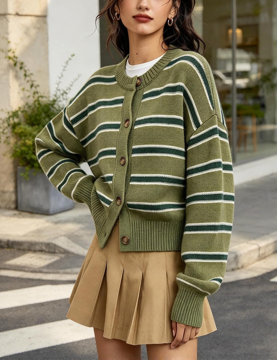 image:imageSpringrain Womens Striped Cardigan Color Block Button Down Knit SweaterArmygreen