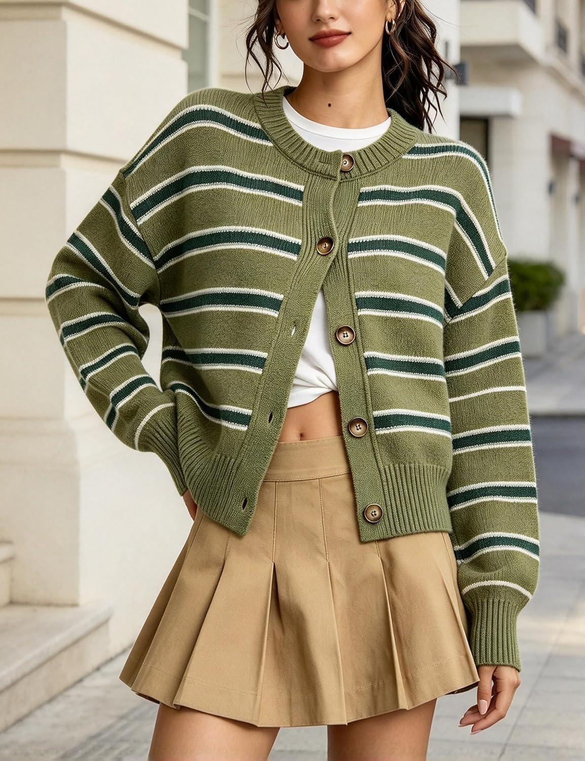 image:imageSpringrain Womens Striped Cardigan Color Block Button Down Knit SweaterArmygreen