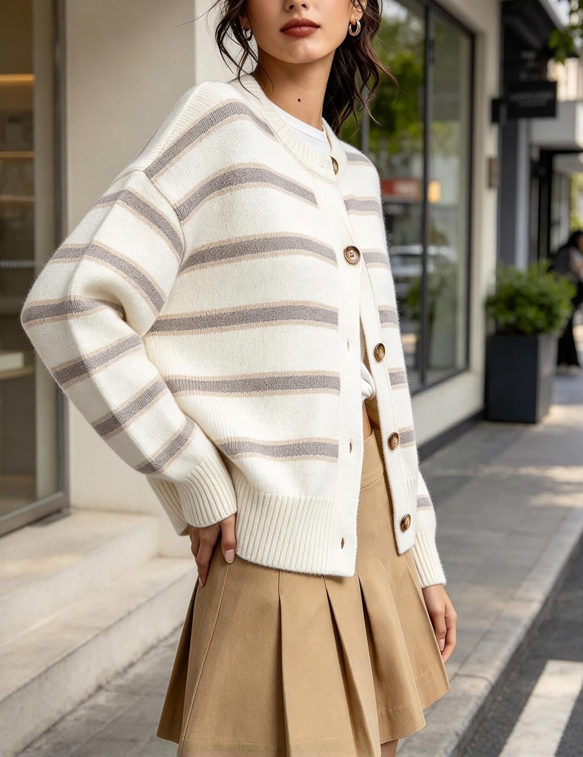 image:imageSpringrain Womens Striped Cardigan Color Block Button Down Knit SweaterBeige