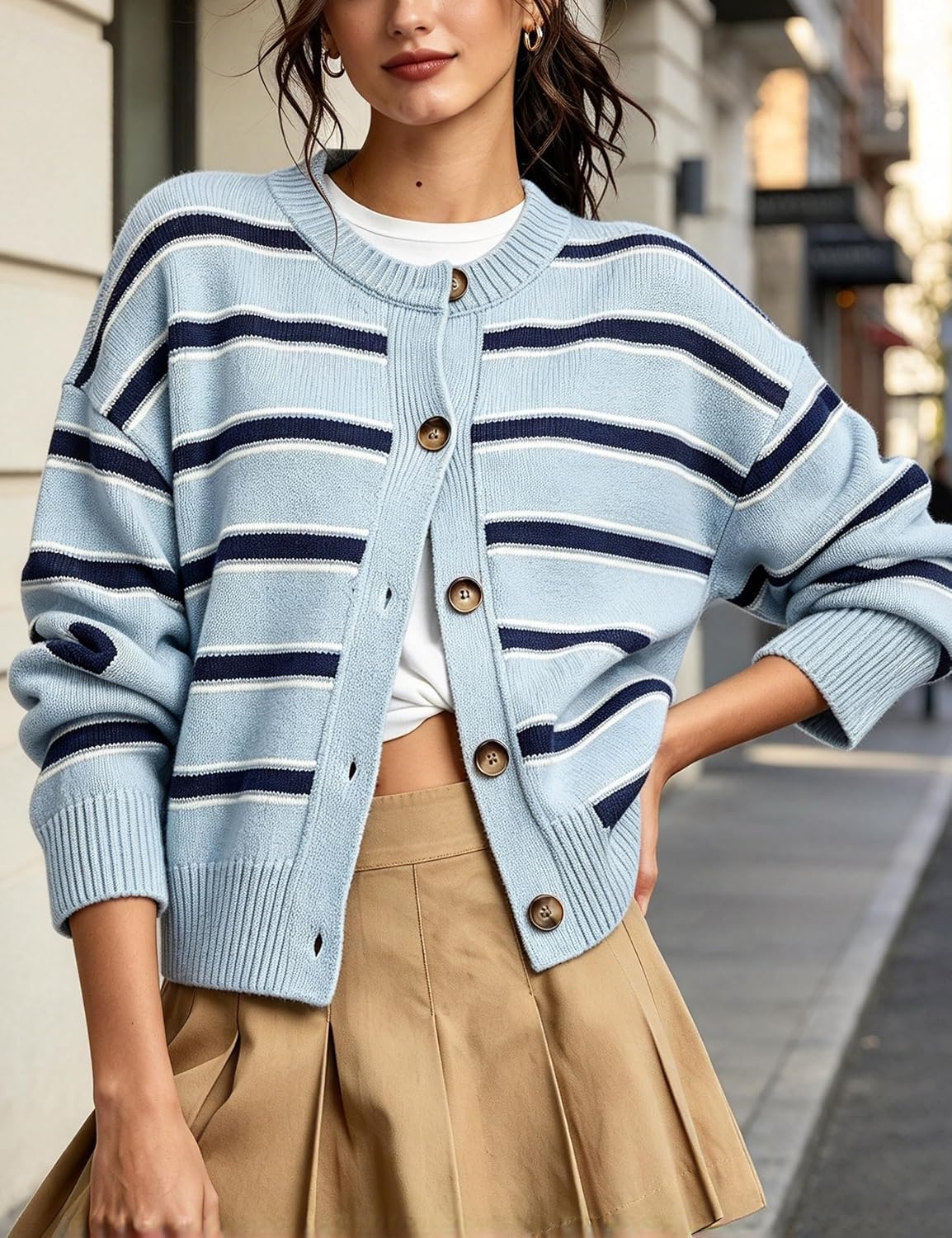image:imageSpringrain Womens Striped Cardigan Color Block Button Down Knit SweaterBlue