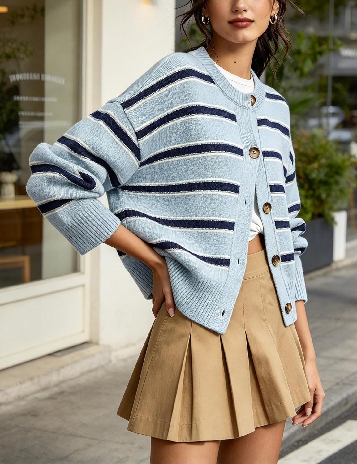 image:imageSpringrain Womens Striped Cardigan Color Block Button Down Knit SweaterBlue