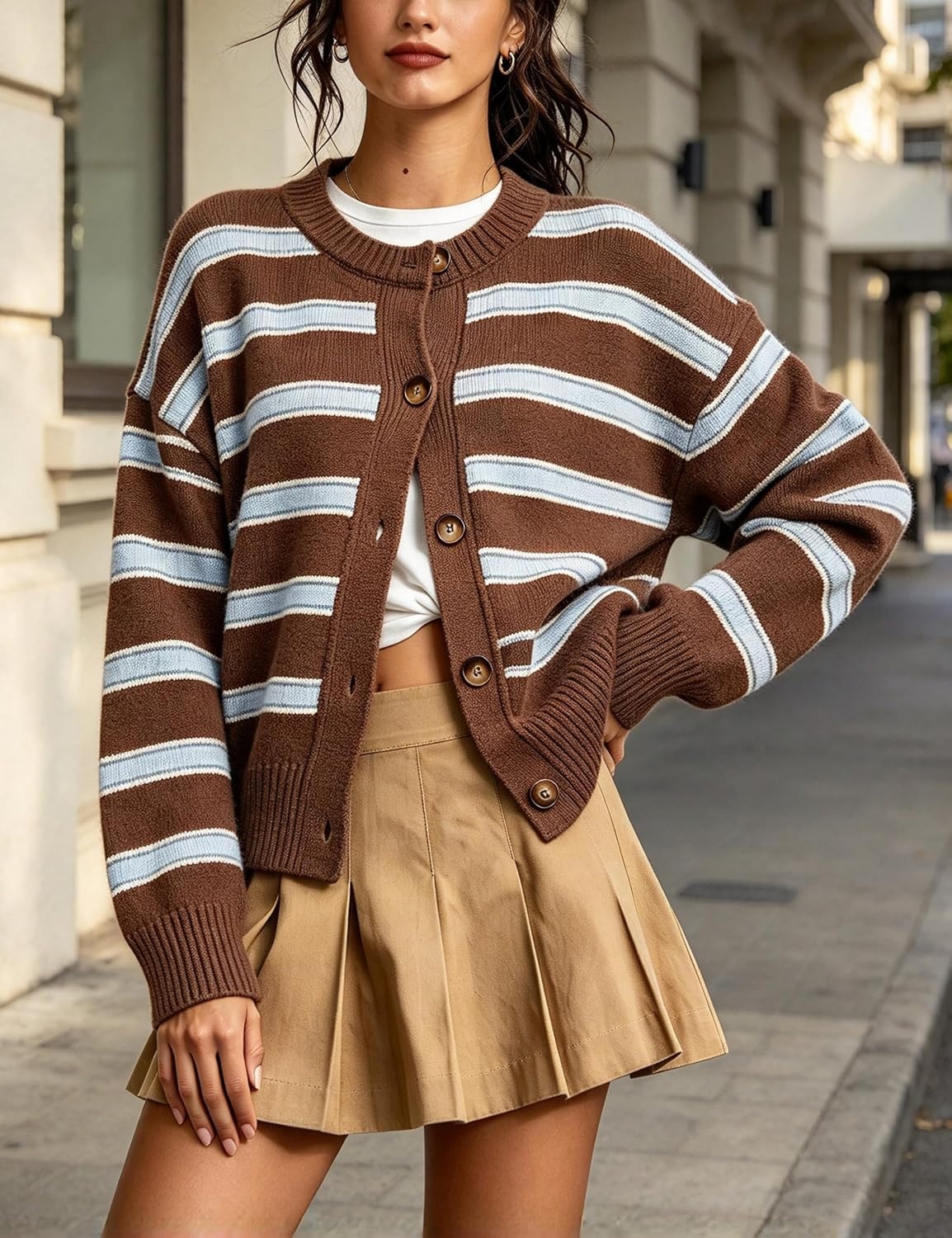 image:imageSpringrain Womens Striped Cardigan Color Block Button Down Knit SweaterBrown