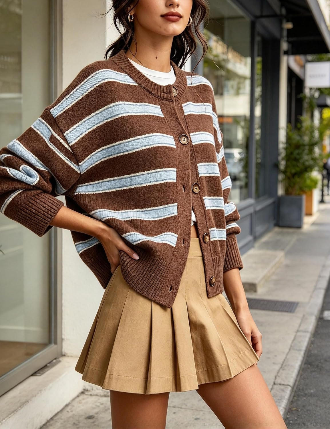image:imageSpringrain Womens Striped Cardigan Color Block Button Down Knit SweaterBrown