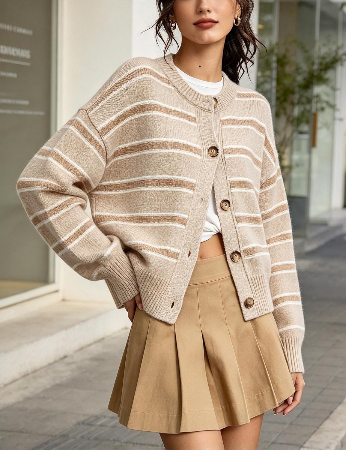 image:imageSpringrain Womens Striped Cardigan Color Block Button Down Knit SweaterKhaki