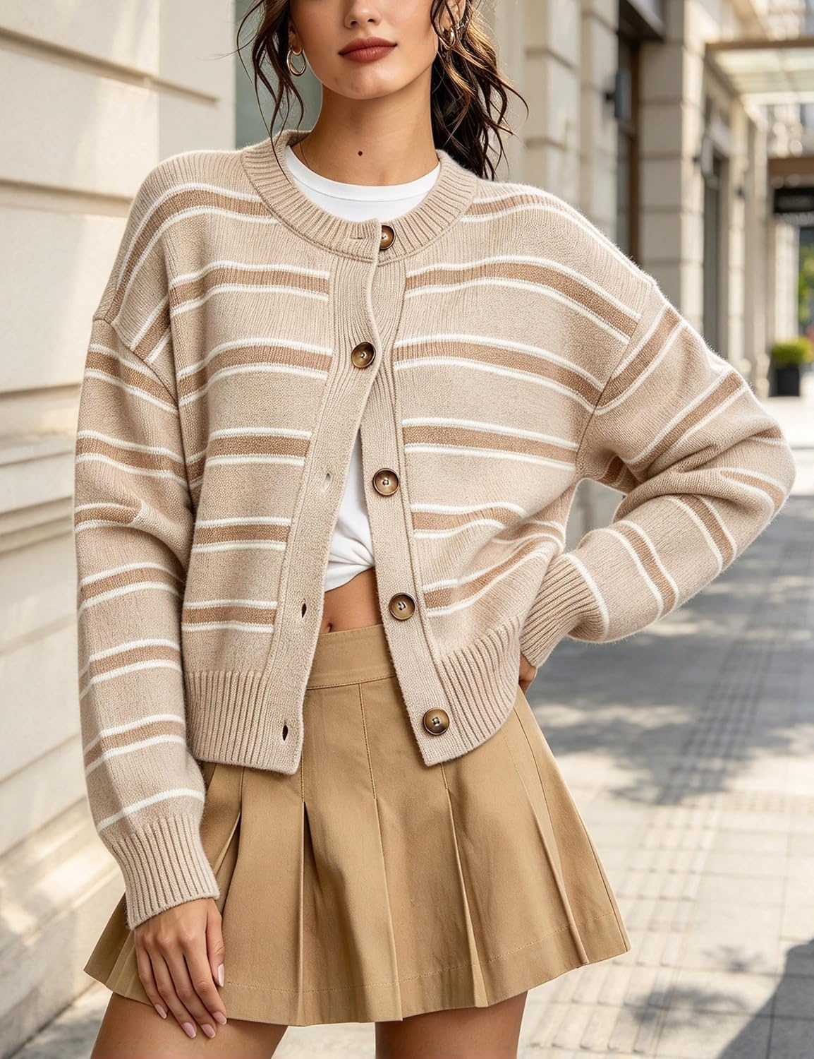 image:imageSpringrain Womens Striped Cardigan Color Block Button Down Knit SweaterKhaki