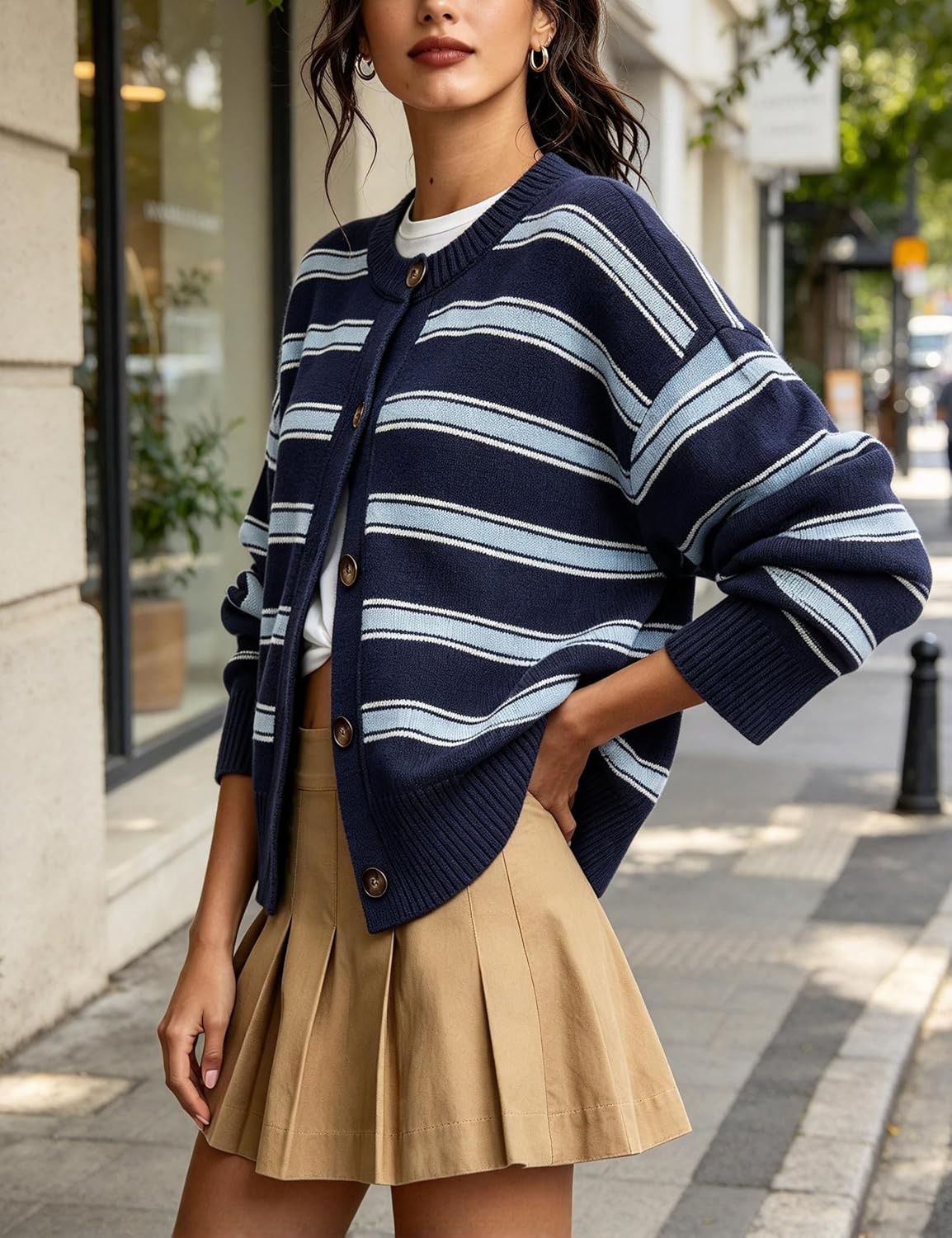 image:imageSpringrain Womens Striped Cardigan Color Block Button Down Knit SweaterNavy
