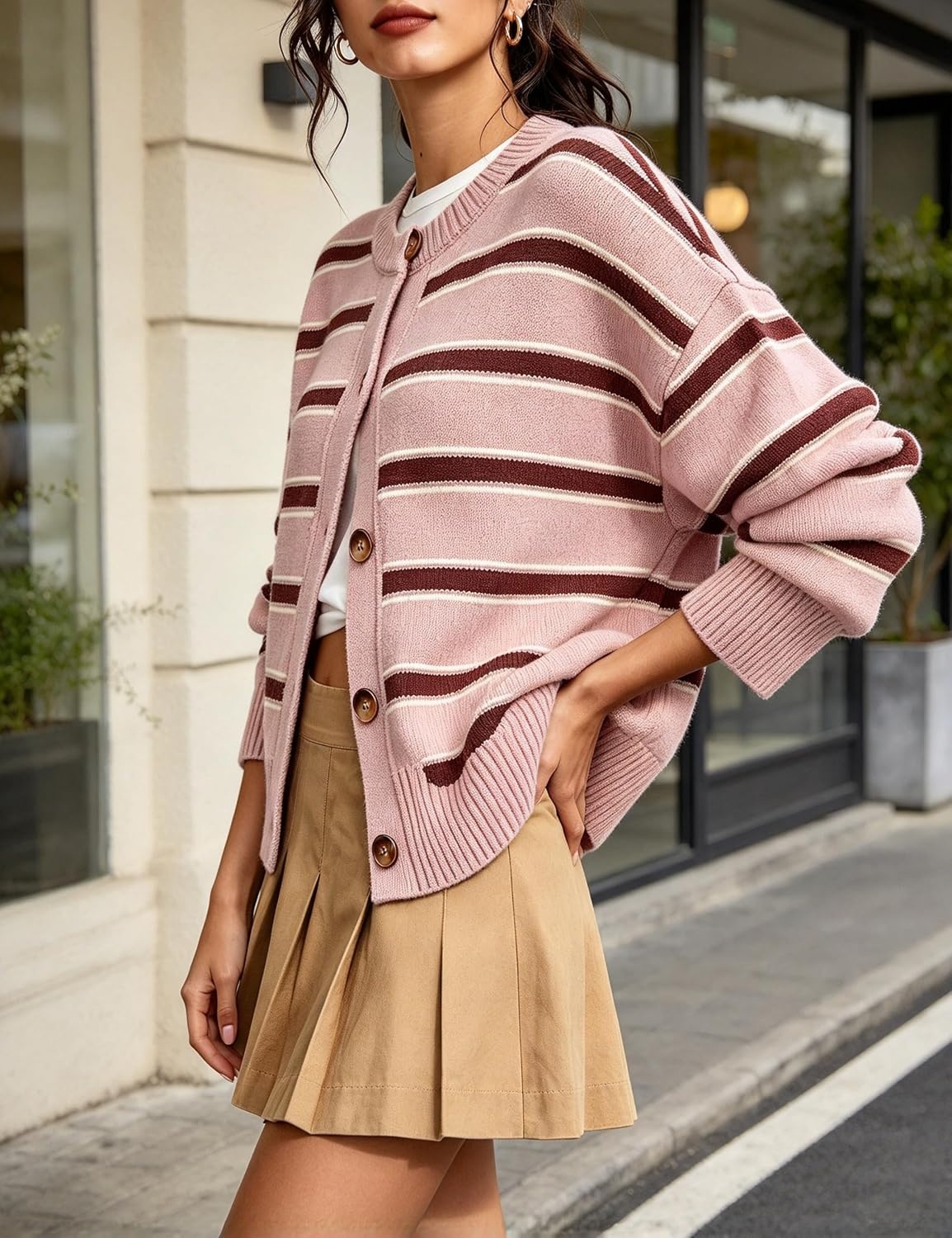 image:imageSpringrain Womens Striped Cardigan Color Block Button Down Knit SweaterPink