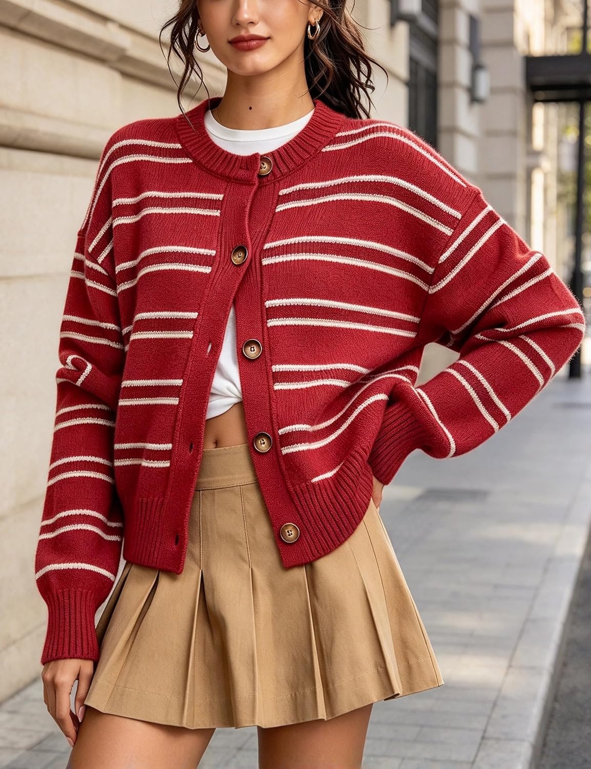 image:imageSpringrain Womens Striped Cardigan Color Block Button Down Knit SweaterRed