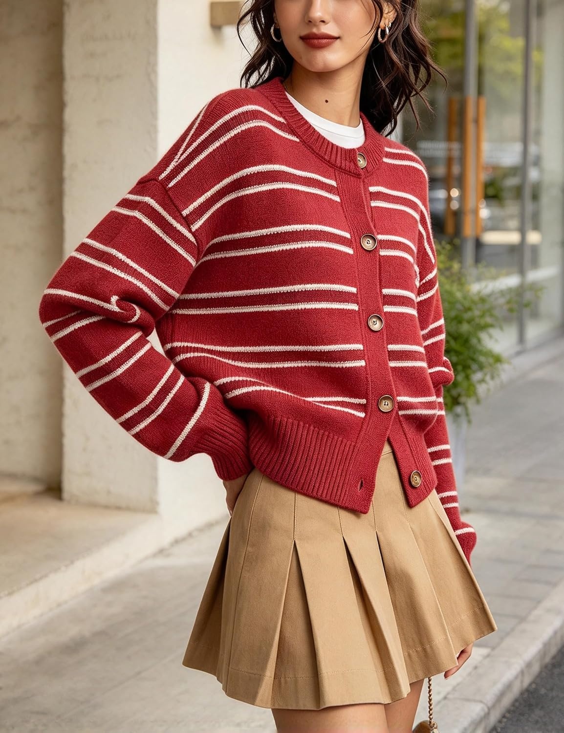 image:imageSpringrain Womens Striped Cardigan Color Block Button Down Knit SweaterRed
