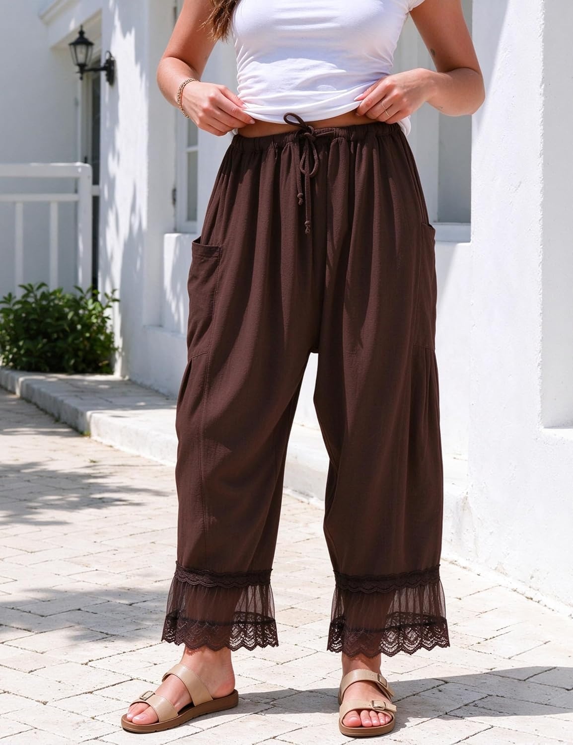 image:imageSpringrain Womens Wide Leg Drawstring Pants Lace Hem TrousersBrown
