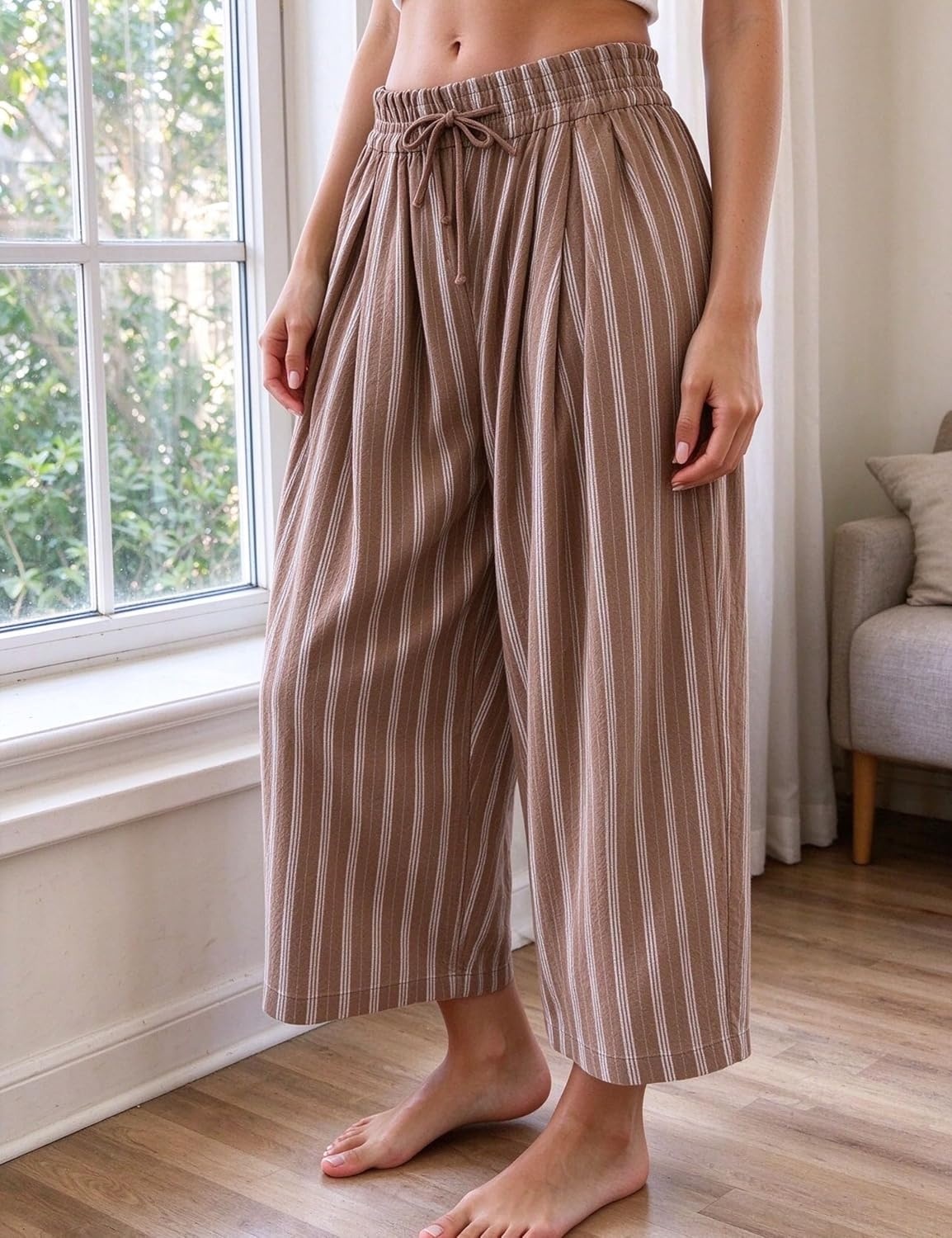 image:imageSpringrain Womens Wide Leg Pants Striped Drawstring Casual TrousersBrown