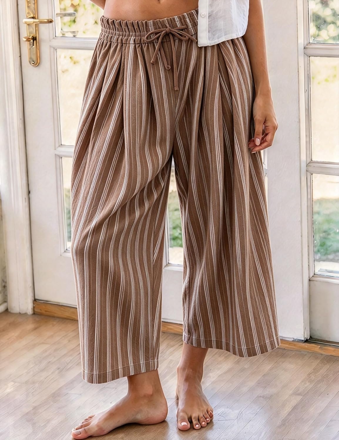 image:imageSpringrain Womens Wide Leg Pants Striped Drawstring Casual TrousersBrown