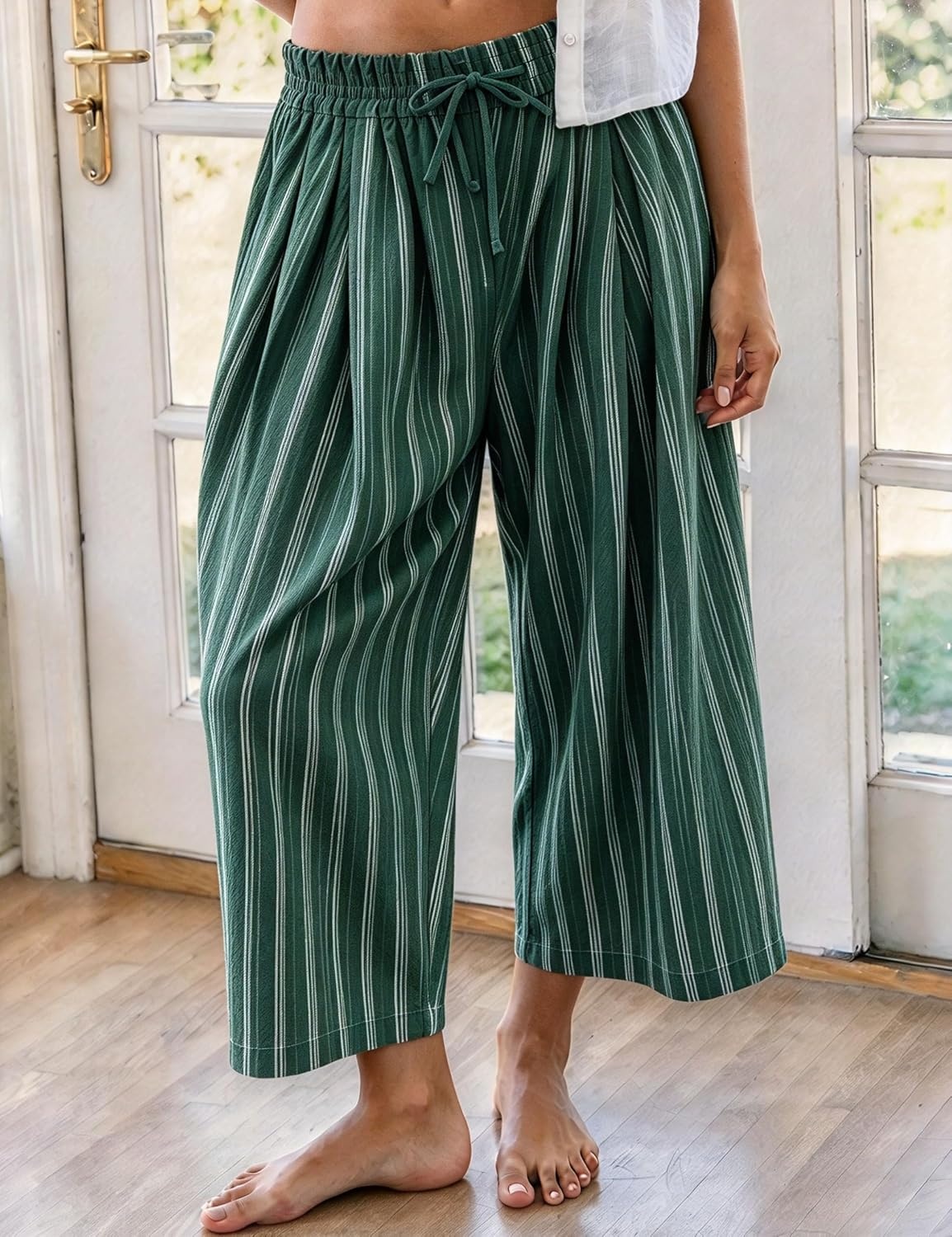 image:imageSpringrain Womens Wide Leg Pants Striped Drawstring Casual TrousersDarkgreen