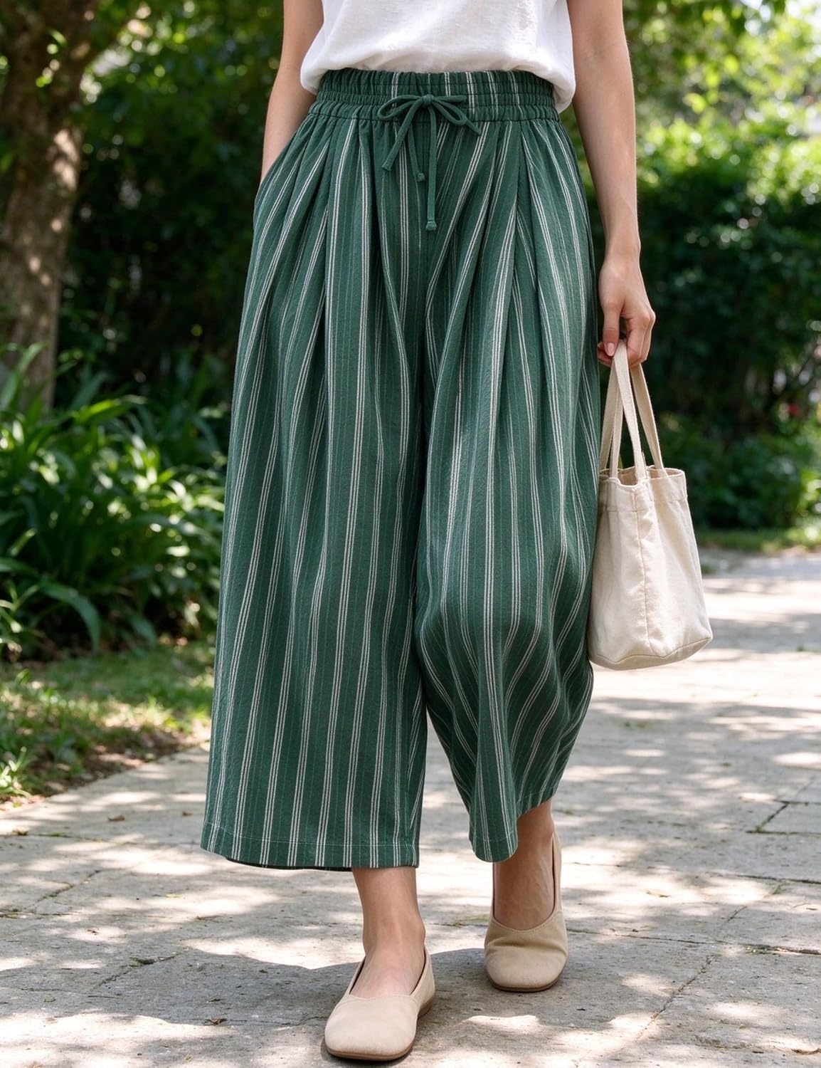 image:imageSpringrain Womens Wide Leg Pants Striped Drawstring Casual TrousersDarkgreen