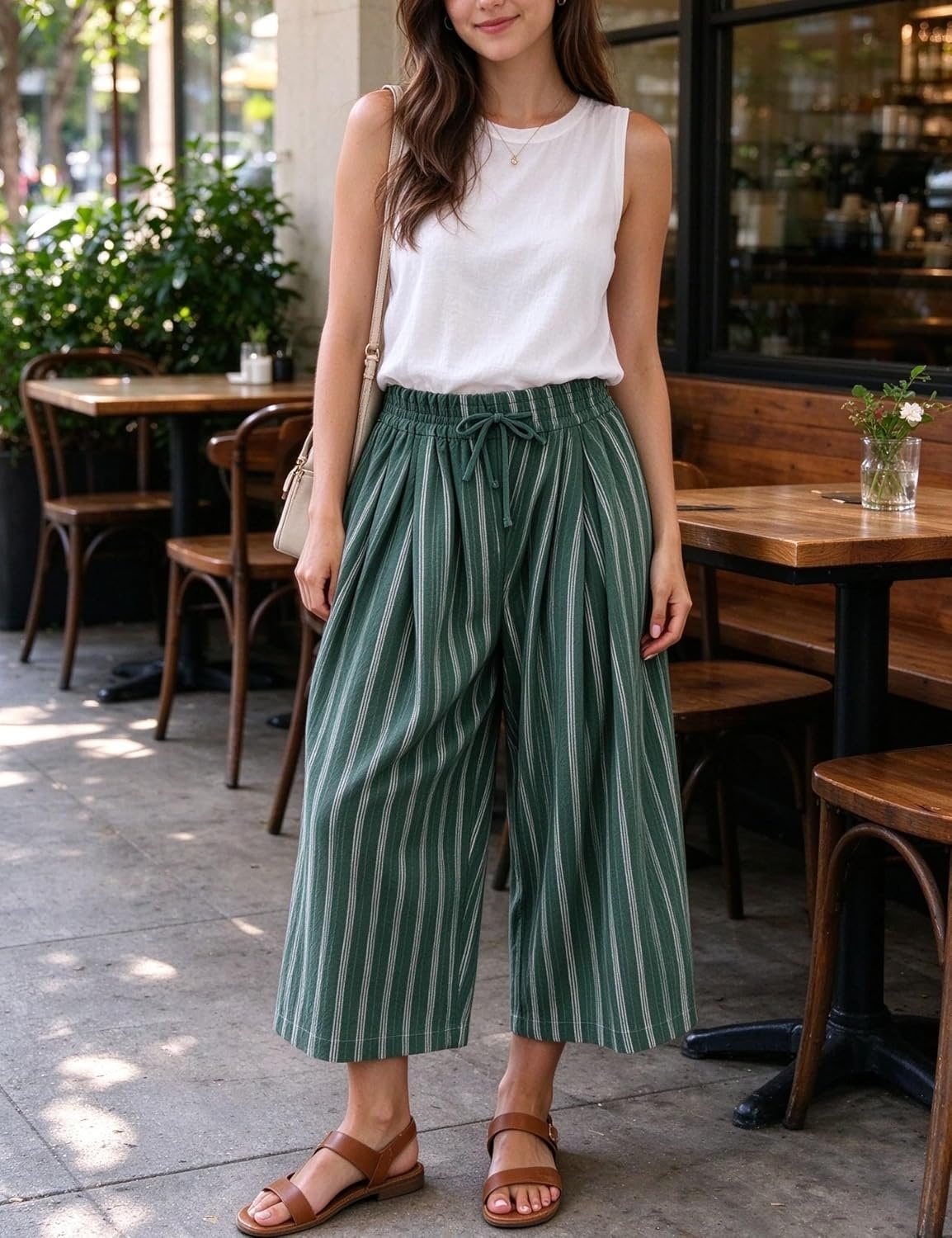 image:imageSpringrain Womens Wide Leg Pants Striped Drawstring Casual TrousersDarkgreen