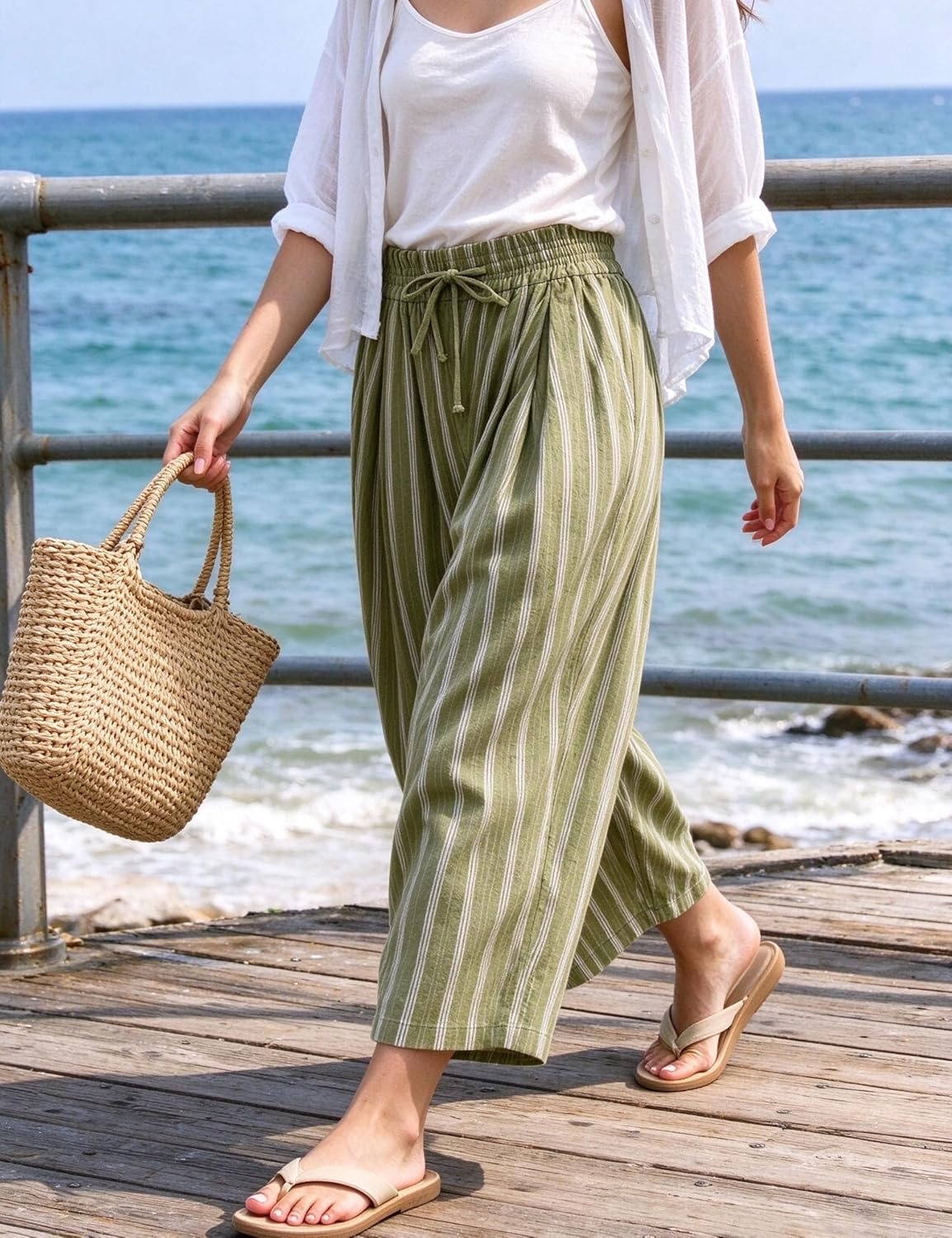 image:imageSpringrain Womens Wide Leg Pants Striped Drawstring Casual TrousersGreen