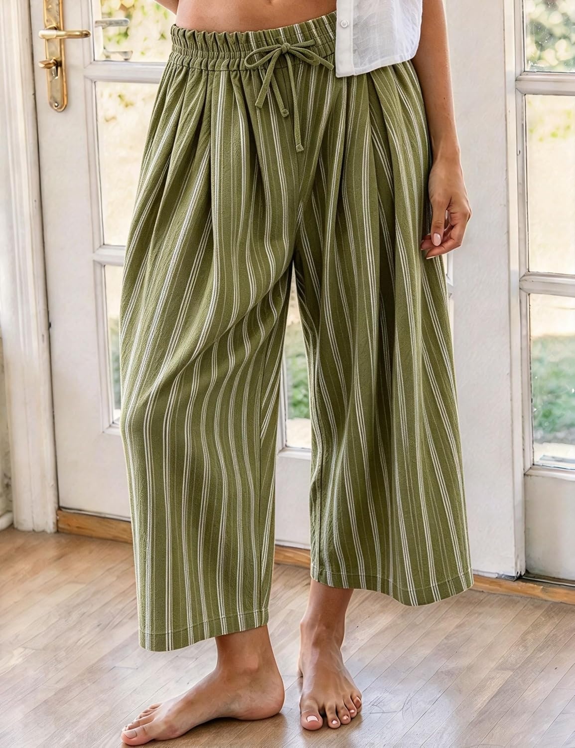 image:imageSpringrain Womens Wide Leg Pants Striped Drawstring Casual TrousersGreen