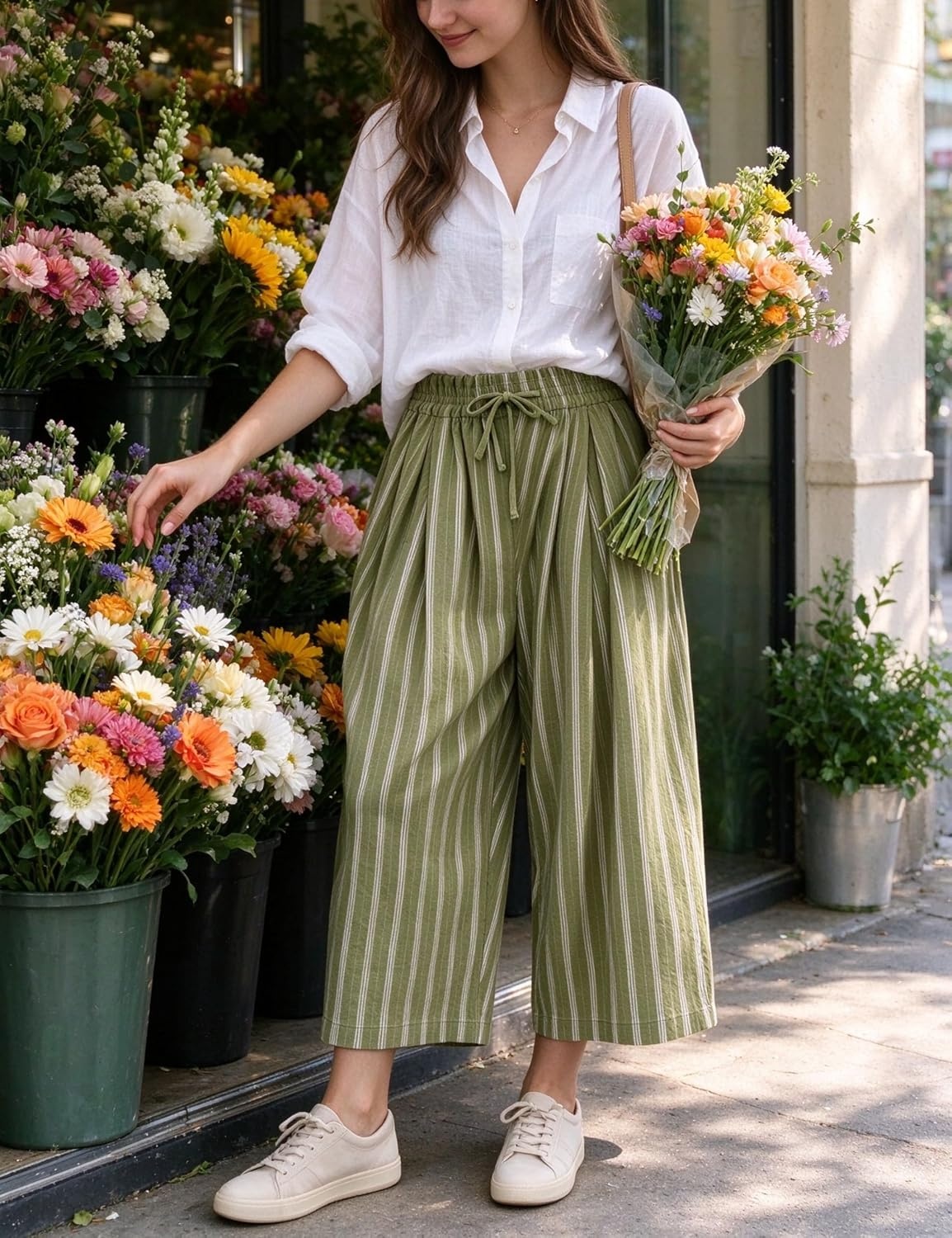 image:imageSpringrain Womens Wide Leg Pants Striped Drawstring Casual TrousersGreen