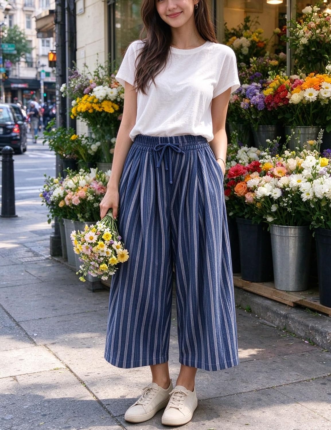 image:imageSpringrain Womens Wide Leg Pants Striped Drawstring Casual TrousersNavy