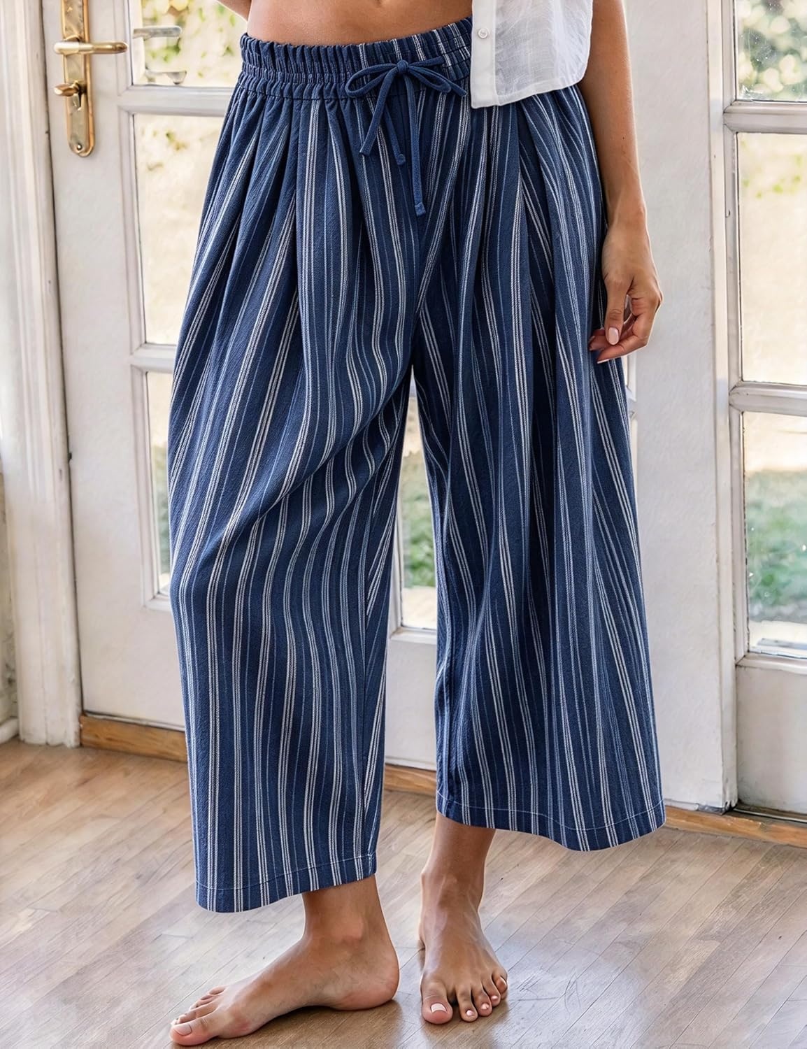 image:imageSpringrain Womens Wide Leg Pants Striped Drawstring Casual TrousersNavy