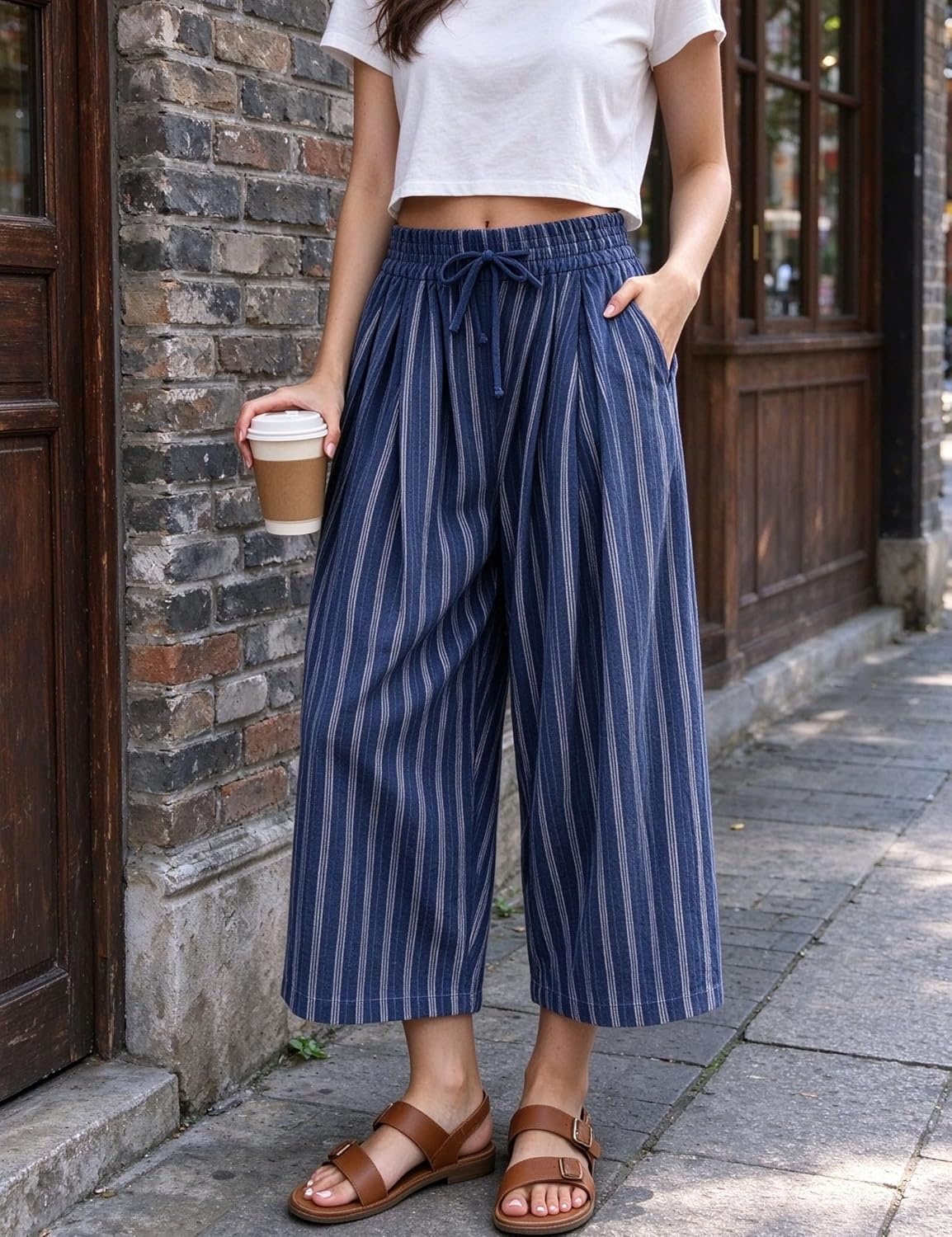 image:imageSpringrain Womens Wide Leg Pants Striped Drawstring Casual TrousersNavy
