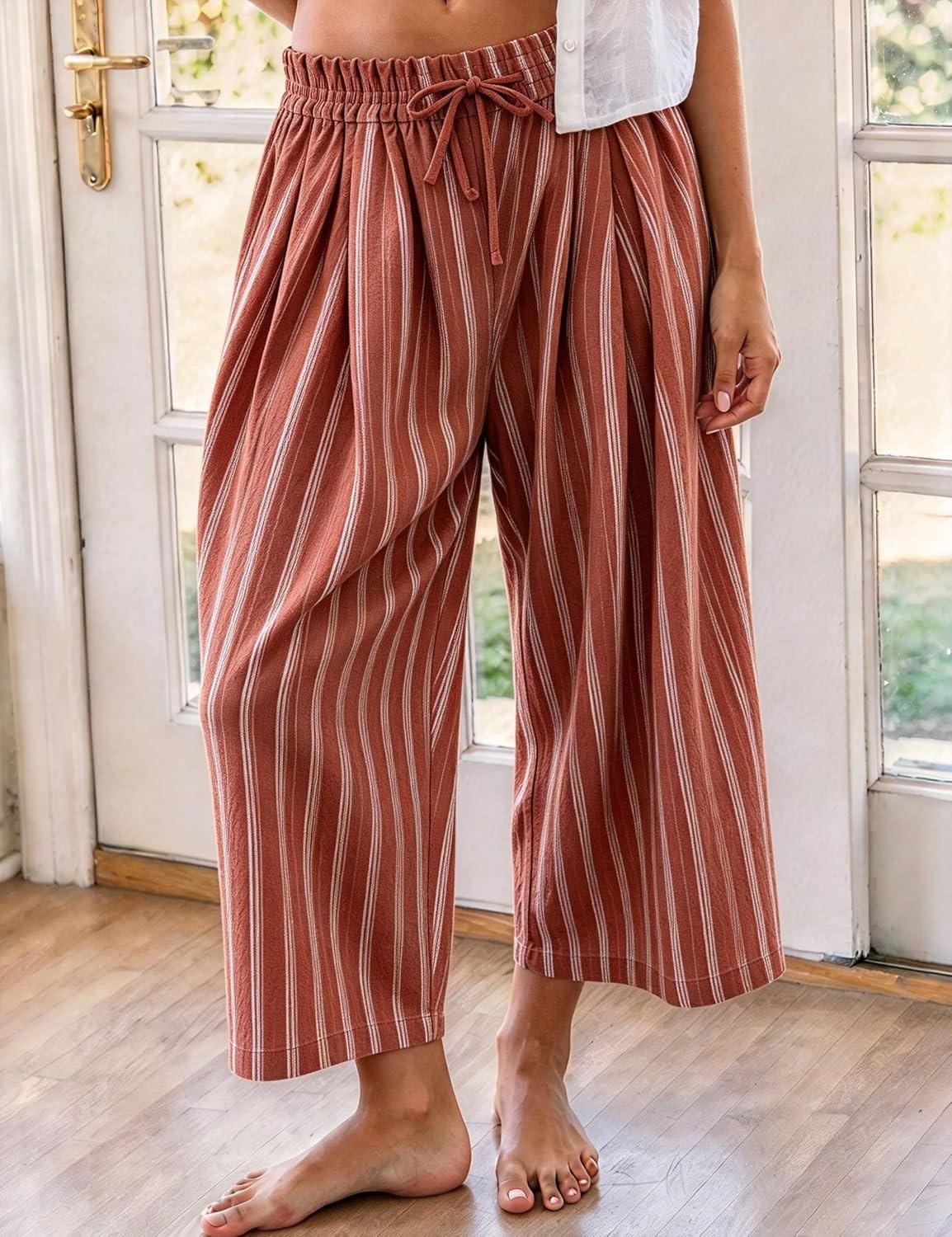 image:imageSpringrain Womens Wide Leg Pants Striped Drawstring Casual TrousersRust