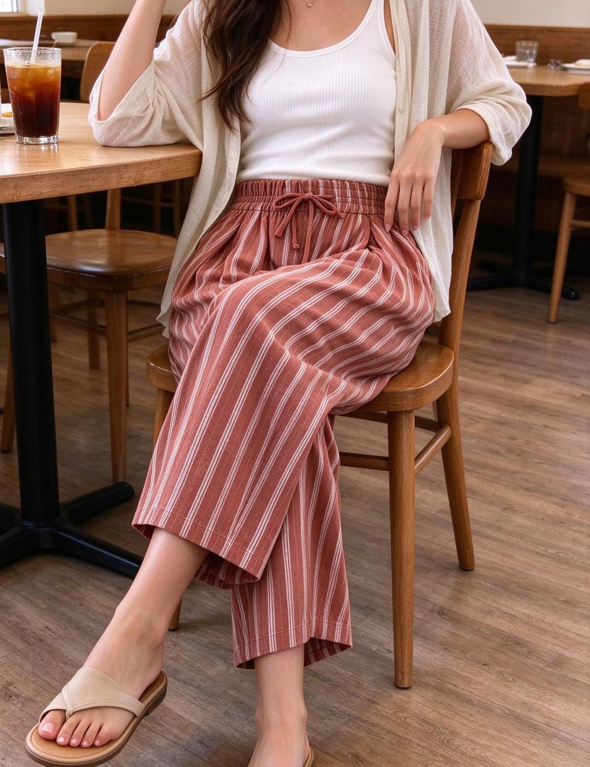 image:imageSpringrain Womens Wide Leg Pants Striped Drawstring Casual TrousersRust