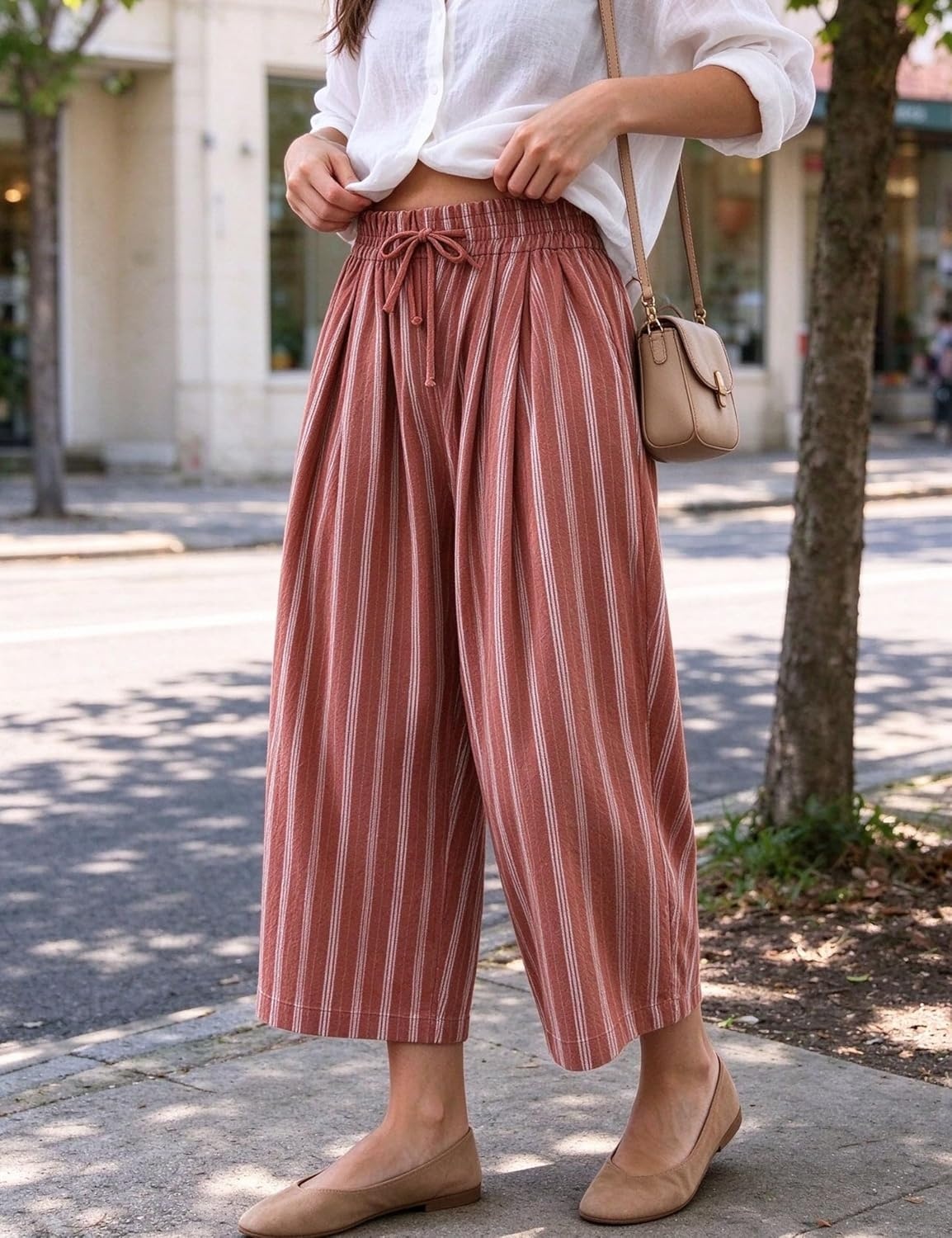 image:imageSpringrain Womens Wide Leg Pants Striped Drawstring Casual TrousersRust