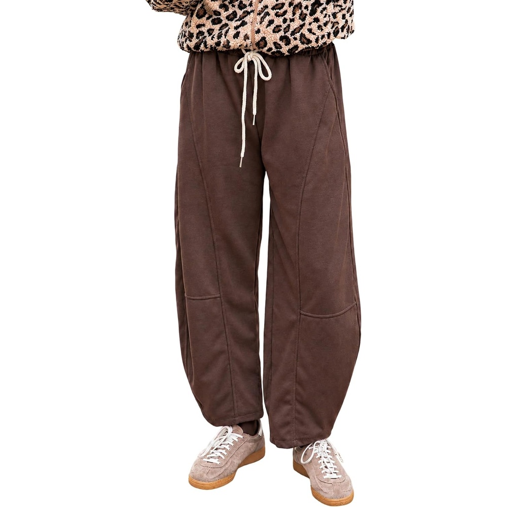 image:imageSpringrain Womens Barrel Leg Pants Drawstring CasualBrownXS