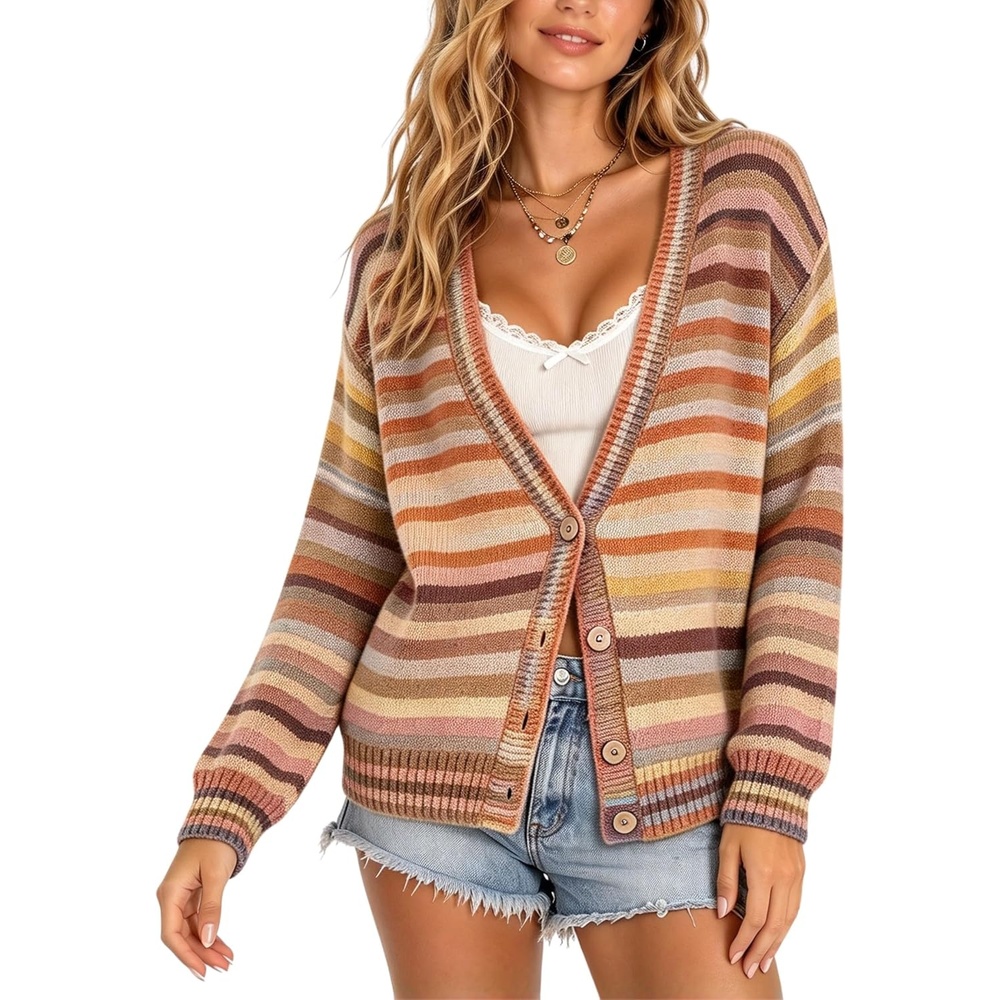 image:imageSpringrain Womens Fall Rainbow Striped Button Down Knit Cardigan SweatersBrown