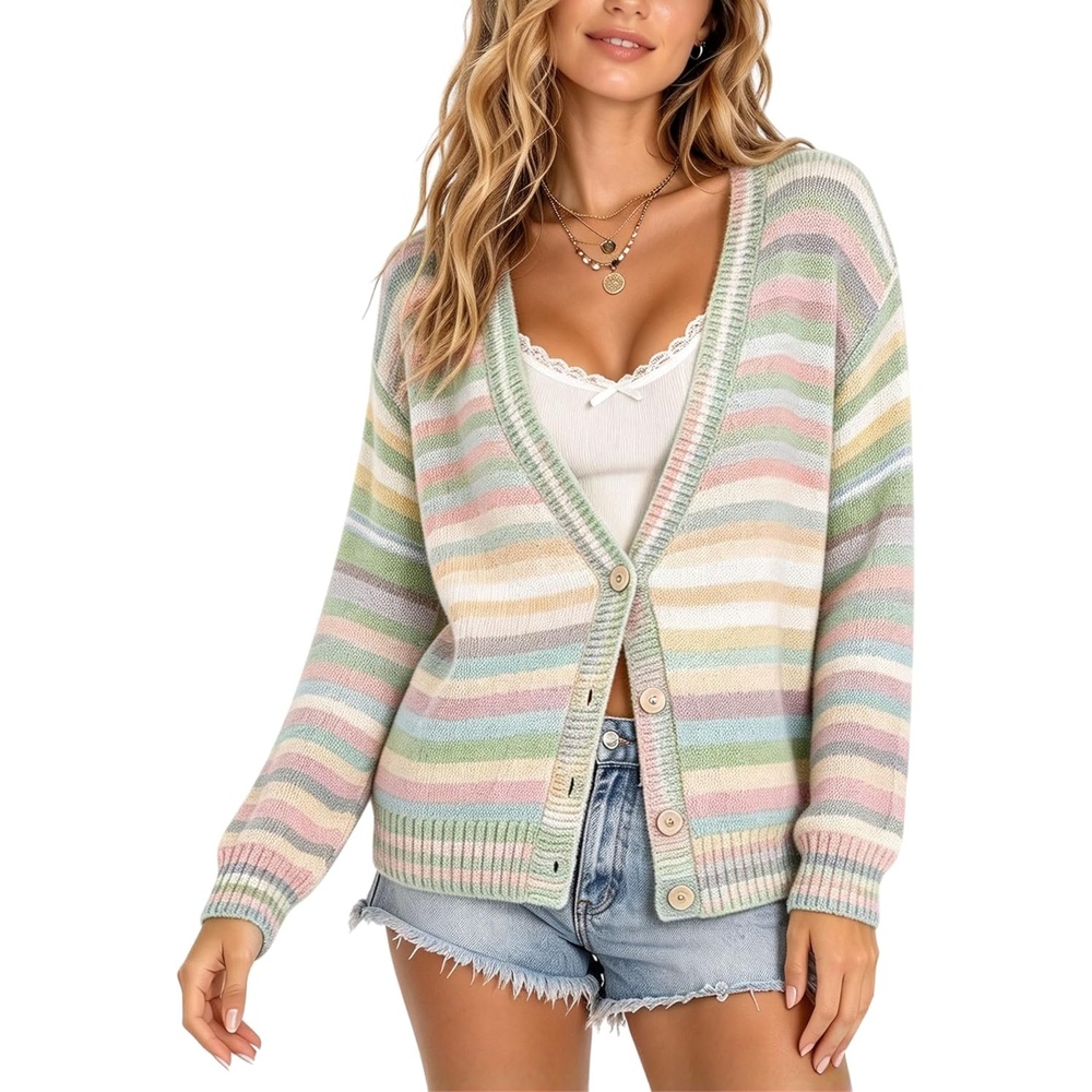 image:imageSpringrain Womens Fall Rainbow Striped Button Down Knit Cardigan SweatersGreen