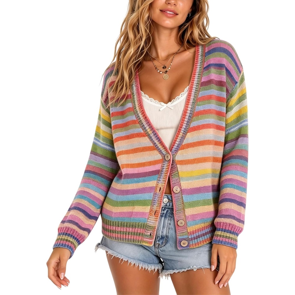 image:imageSpringrain Womens Fall Rainbow Striped Button Down Knit Cardigan SweatersRainbow
