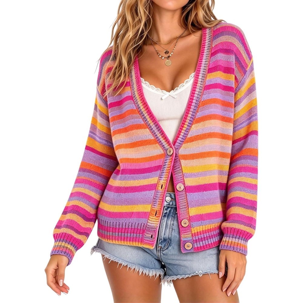 image:imageSpringrain Womens Fall Rainbow Striped Button Down Knit Cardigan SweatersRosered