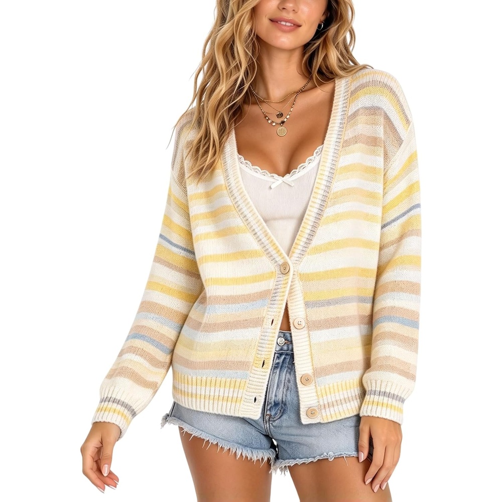 image:imageSpringrain Womens Fall Rainbow Striped Button Down Knit Cardigan SweatersYellow