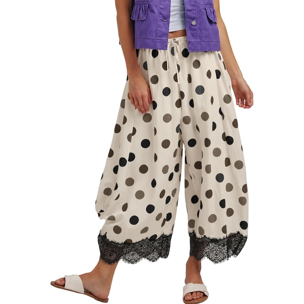 image:imageSpringrain Womens Polka Dot Drawstring Wide Leg PantsBlack