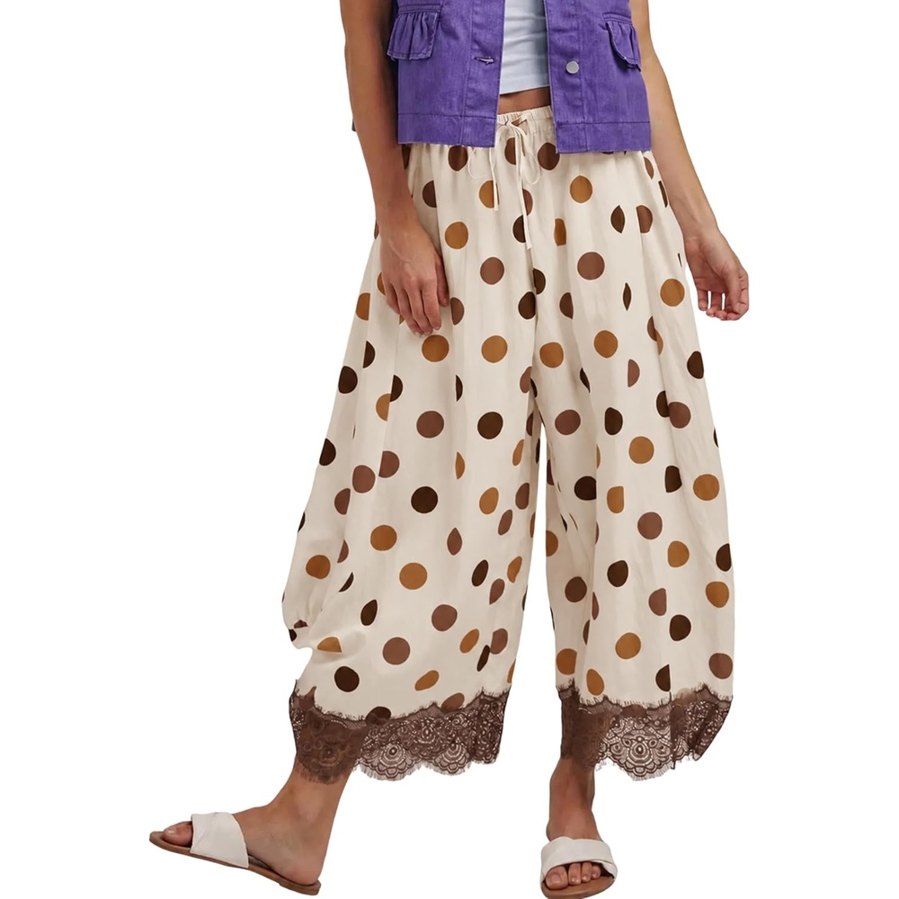 image:imageSpringrain Womens Polka Dot Drawstring Wide Leg PantsBrown