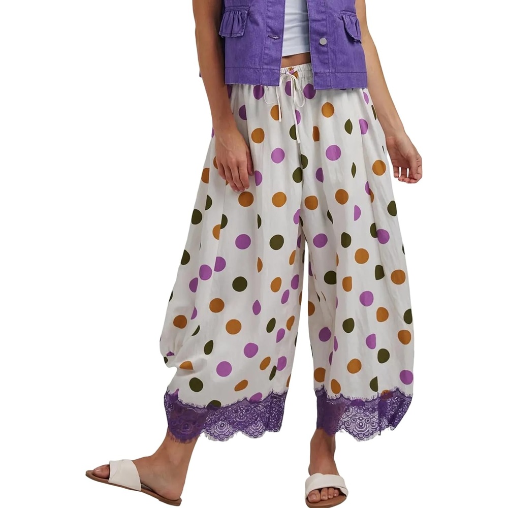 image:imageSpringrain Womens Polka Dot Drawstring Wide Leg PantsPurple
