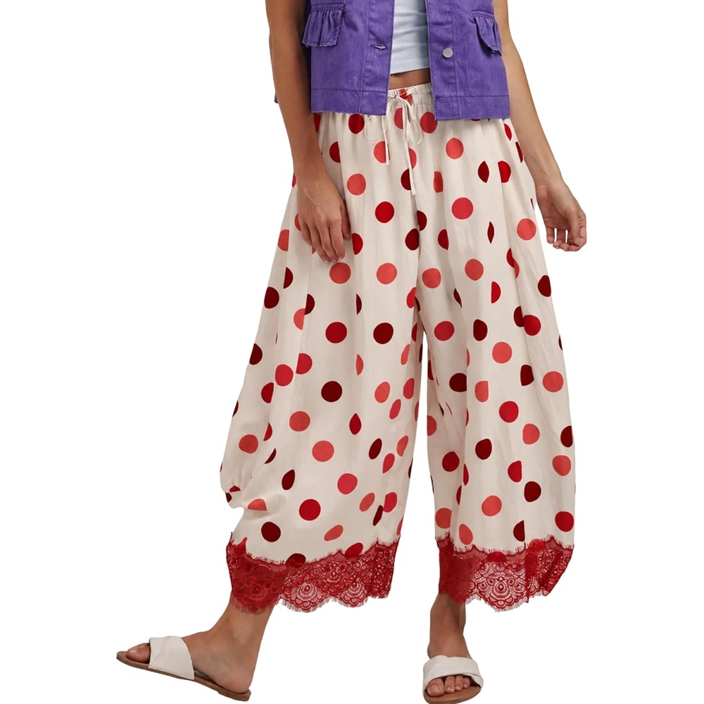 image:imageSpringrain Womens Polka Dot Drawstring Wide Leg PantsRed