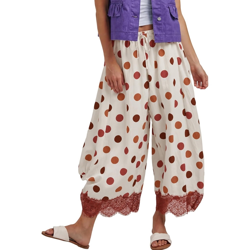 image:imageSpringrain Womens Polka Dot Drawstring Wide Leg PantsRust