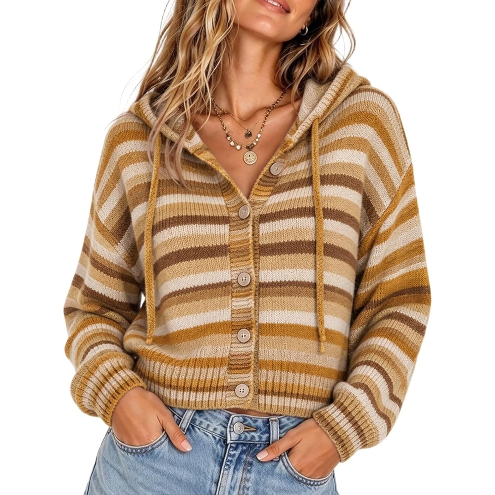 image:imageSpringrain Womens Rainbow Striped Hooded Knit CardiganBrown