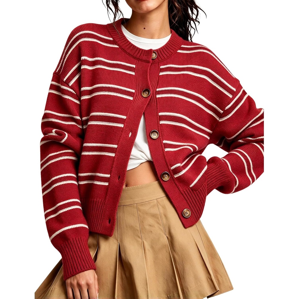 image:imageSpringrain Womens Striped Cardigan Color Block Button Down Knit SweaterRed