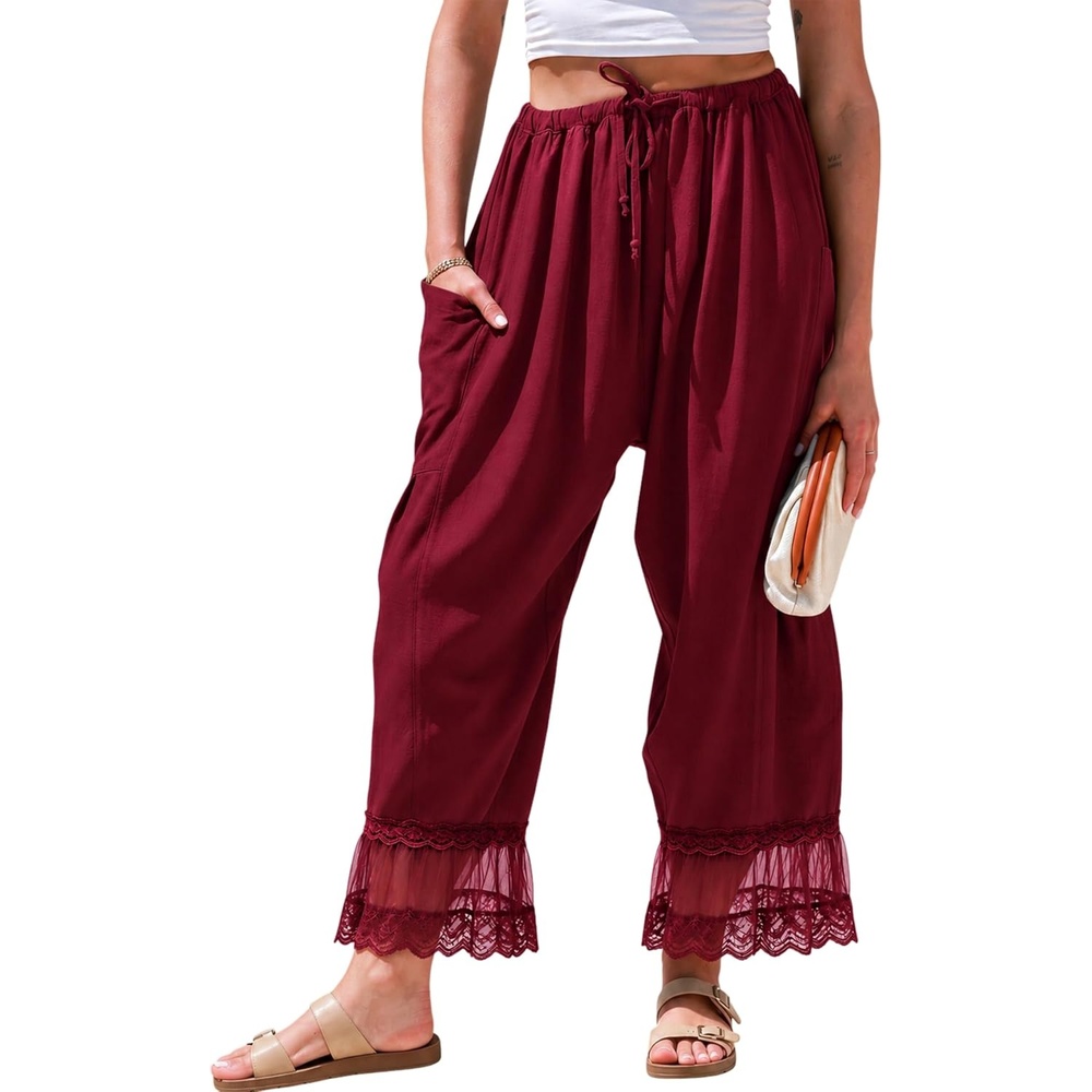 image:imageSpringrain Womens Wide Leg Drawstring Pants Lace Hem TrousersBurgundy